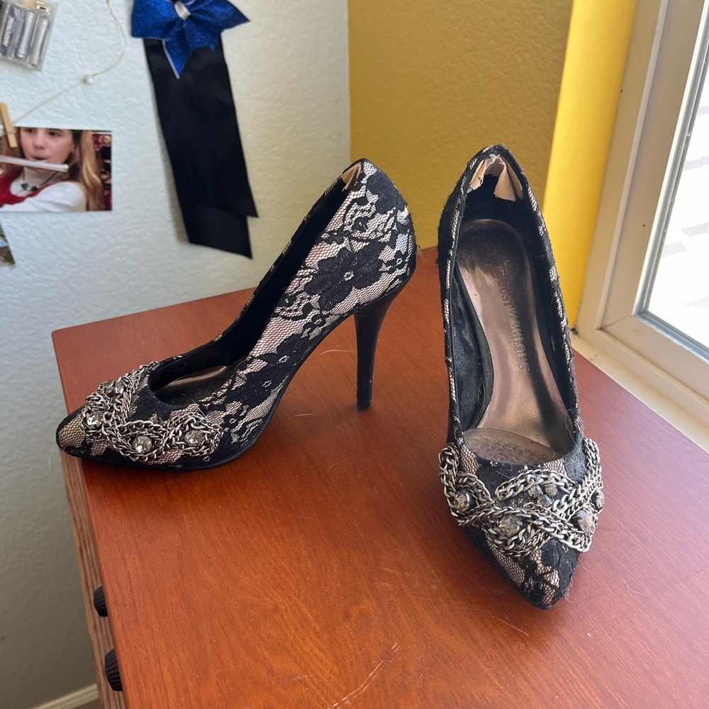 Lace and Chain Black Heels